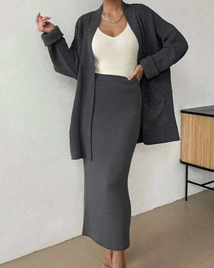 Pocketed Long Sleeve Cardigan and Skirt Sweater Set