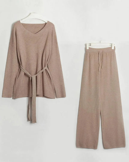 V-Neck Long Sleeve Top and Drawstring Pants Sweater Set - ShopEasier