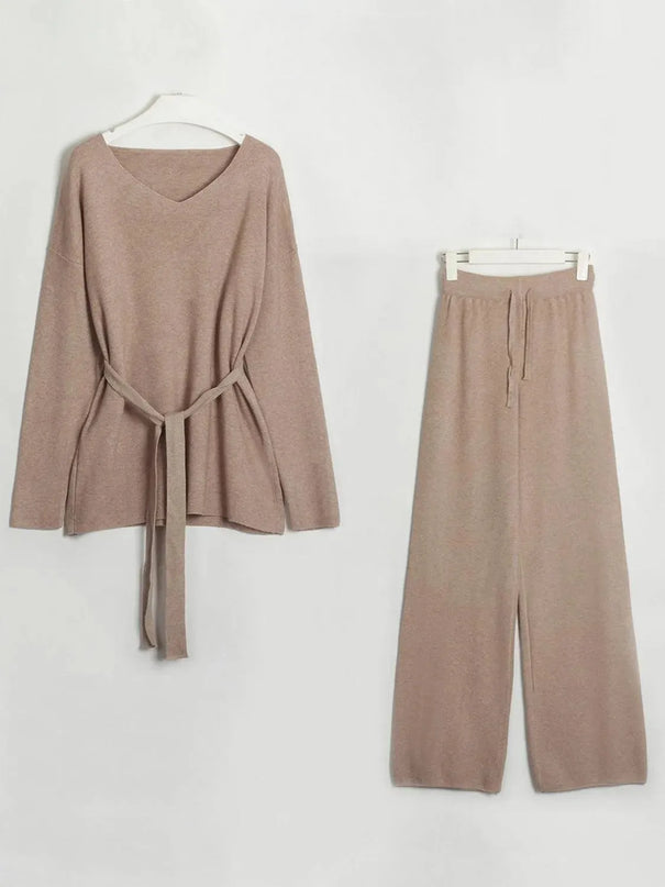 V-Neck Long Sleeve Top and Drawstring Pants Sweater Set - ShopEasier