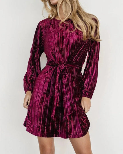 Velvet Round Neck Tie Waist Long Sleeve Mini Dress