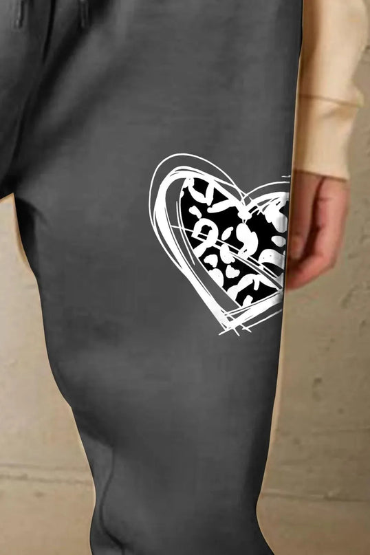 Cozy Heart Graphic Long Sweatpants with Drawstring