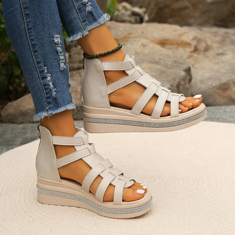 Sparkling Cutout Wedge Sandals with Rhinestone Trim