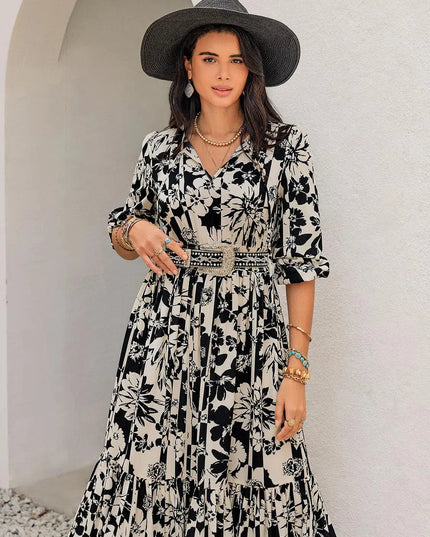 Smocked Printed Tie Neck Long Sleeve Dress - ShopEasier