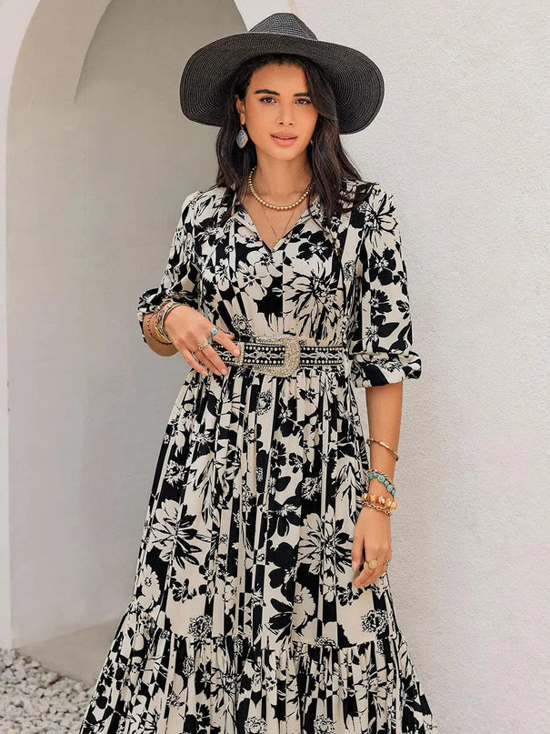 Smocked Printed Tie Neck Long Sleeve Dress - ShopEasier