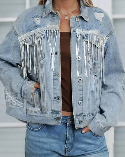 Sequin Fringe Trim Distressed Button Up Denim Jacket - ShopEasier