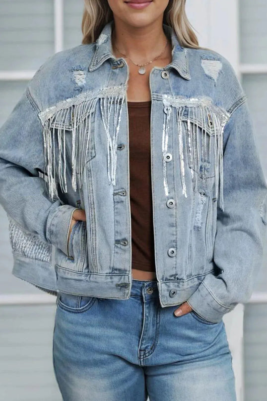 Sequin Fringe Trim Distressed Button Up Denim Jacket - ShopEasier