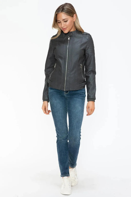 Snobbish PU Leather Biker Jacket with Side Zip Pockets - ShopEasier