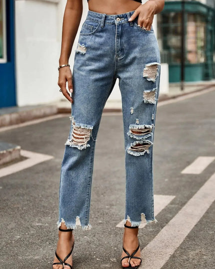 Distressed Raw Hem Jeans with Pockets - ShopEasier