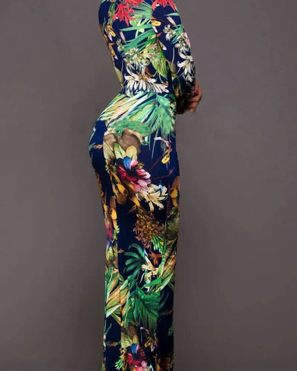 Printed Plunge Neck Leg Split Maxi Dress