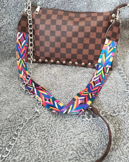 Bolso de hombro elegante de piel sintética con estampado de leopardo y cuadros escoceses con tachuelas