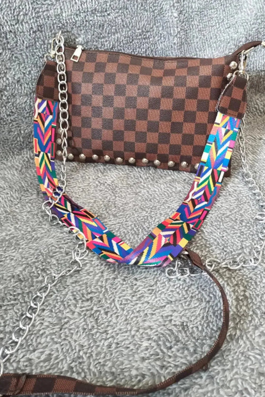 Bolso de hombro elegante de piel sintética con estampado de leopardo y cuadros escoceses con tachuelas