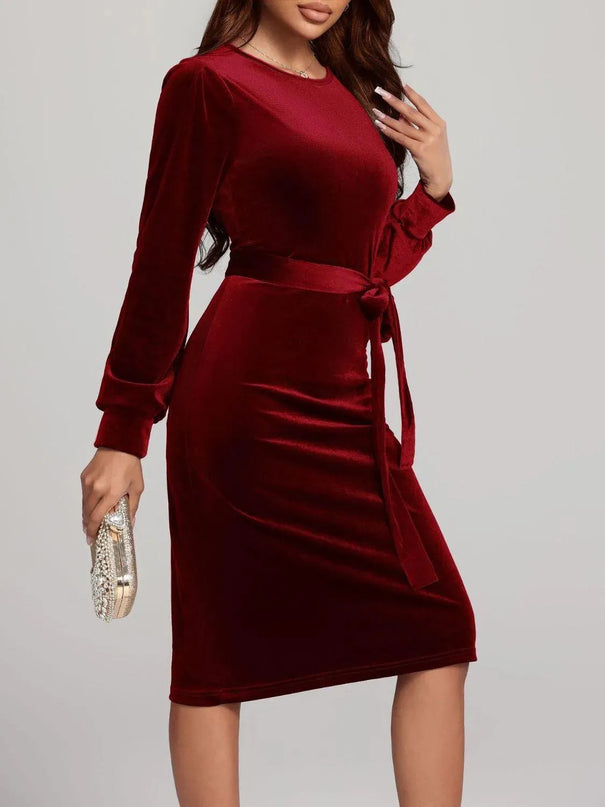 Round Neck Tie Waist Long Sleeve Velvet Dress - ShopEasier