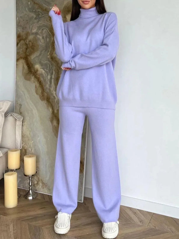 Turtleneck Long Sleeve Top and Drawstring Pants Sweater Set - ShopEasier