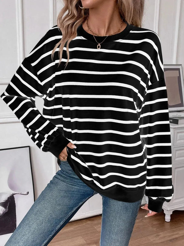 Chic Striped Round Neck Long Sleeve Sweatshirt