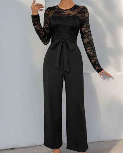 Perfee Lace Round Neck Long Sleeve Jumpsuit - ShopEasier