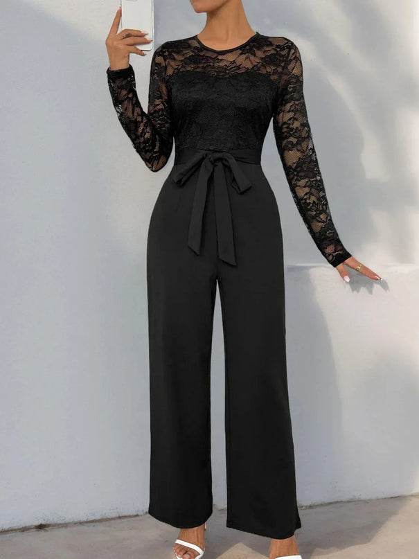 Perfee Lace Round Neck Long Sleeve Jumpsuit - ShopEasier