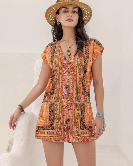 Printed V-Neck Cap Sleeve Romper - ShopEasier