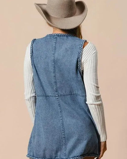 BiBi Braided Trim Open Front Denim Vest with Pockets - ShopEasier