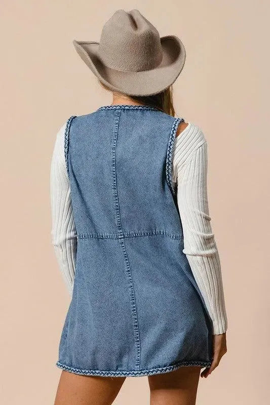 BiBi Braided Trim Open Front Denim Vest with Pockets - ShopEasier