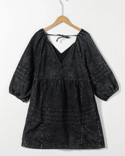 V-Neck Three Quarter Sleeve Denim Dress - ShopEasier