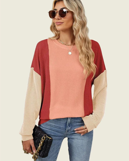 Textured Contrast Long Sleeve Round Neck Tee