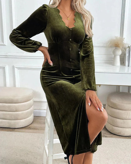 Perfee Slit V-Neck Long Sleeve Midi Dress