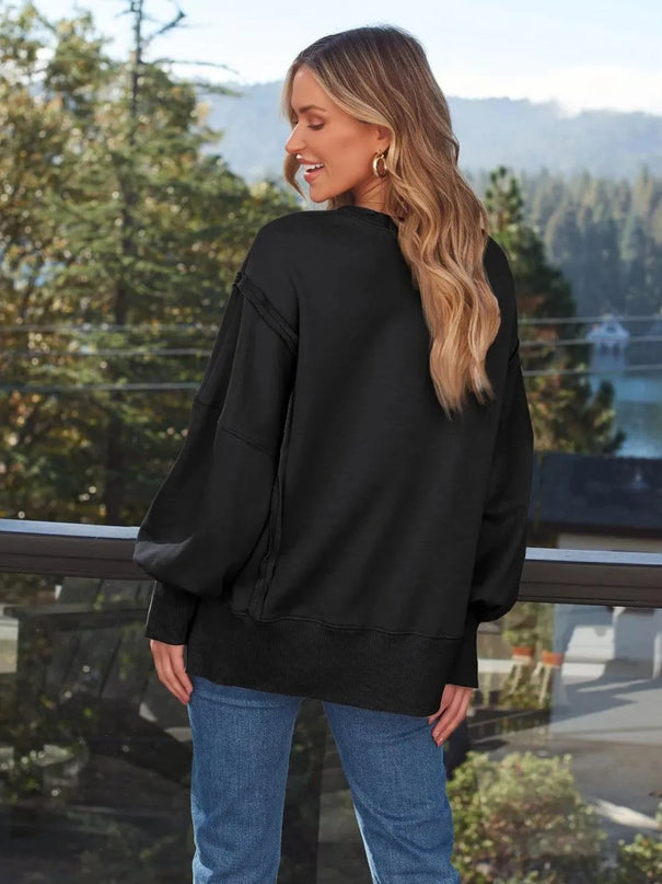 Slit Round Neck Long Sleeve Sweatshirt - ShopEasier