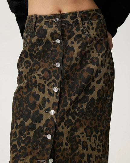 Leopard Button Up Denim Skirt - ShopEasier