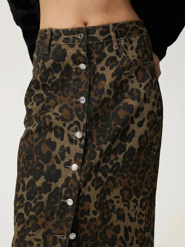 Leopard Button Up Denim Skirt - ShopEasier