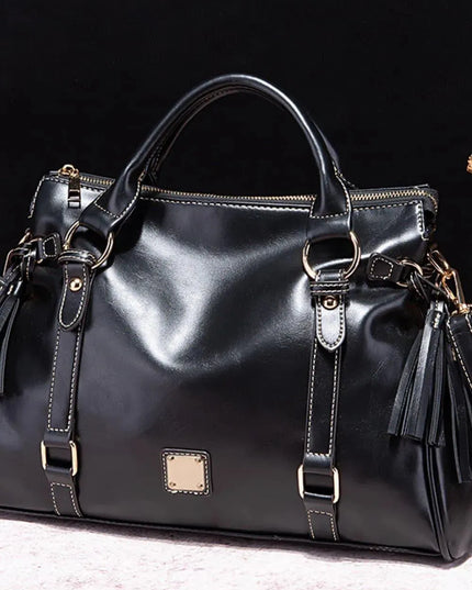 Tassel-Embellished Large PU Leather Tote Bag