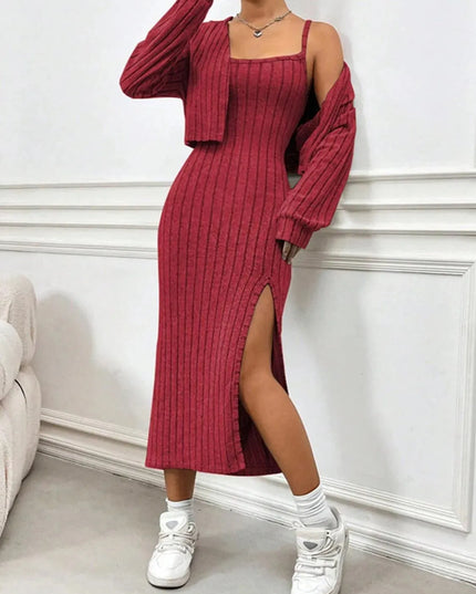 Ribbed Long Sleeve Cropped Cardigan and Slit Cami Dress Set