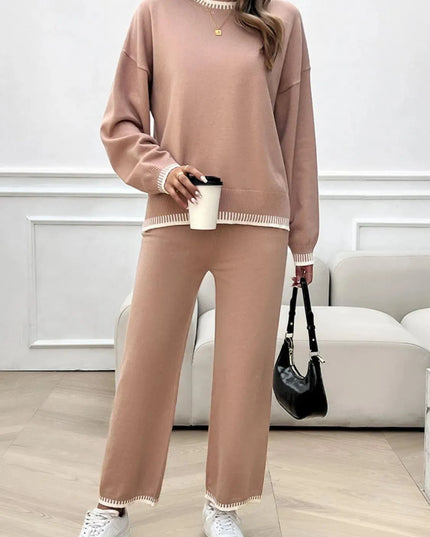 Chic Dropped Shoulder Sweater Set with Round Neck Top and Pants