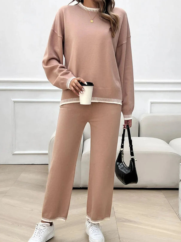 Chic Dropped Shoulder Sweater Set with Round Neck Top and Pants