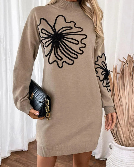 Perfee Flower Mock Neck Long Sleeve Sweater Dress