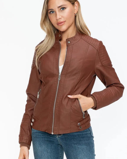 Snobbish Faux Leather Biker Jacket with Side Zip Pockets - ShopEasier