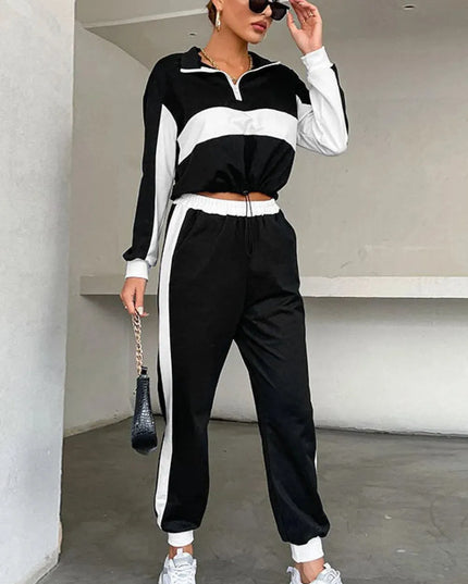 Striped Mock Neck Cropped Sweatshirt and Jogger Set with Half Zip