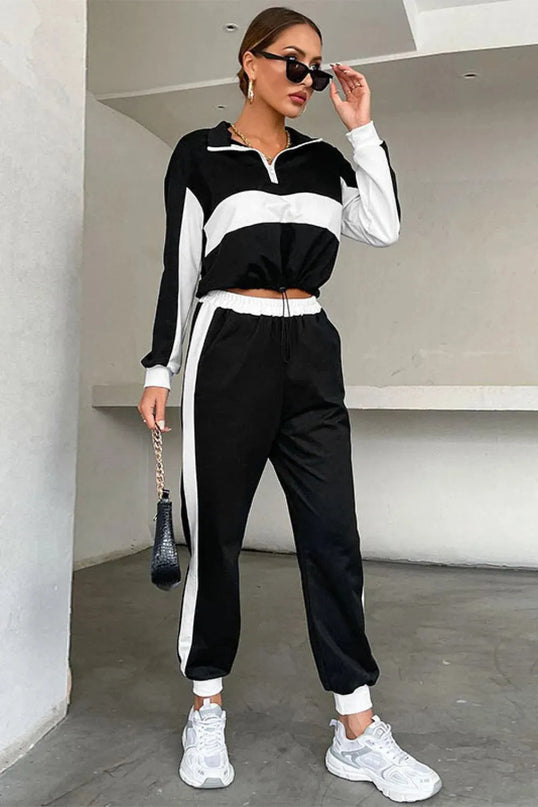 Striped Mock Neck Cropped Sweatshirt and Jogger Set with Half Zip