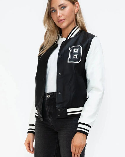 Love Me Now PU Leather Contrast Snap Down Bomber Jacket - ShopEasier