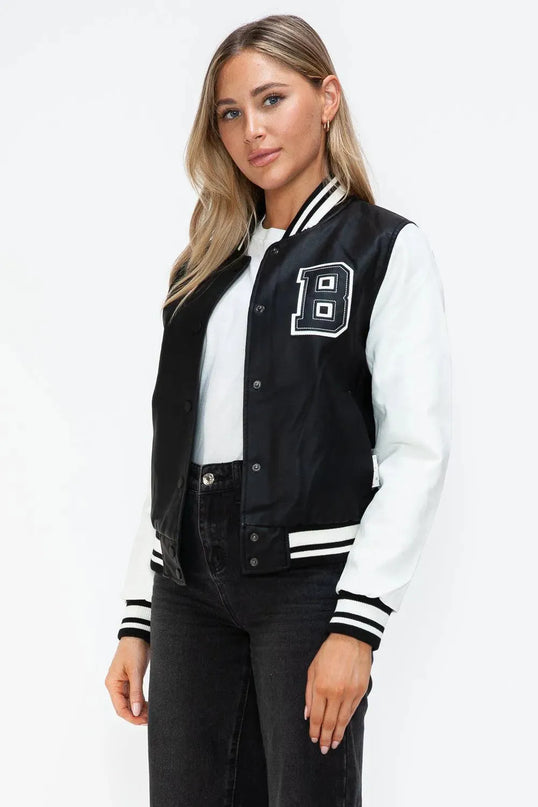 Love Me Now PU Leather Contrast Snap Down Bomber Jacket - ShopEasier