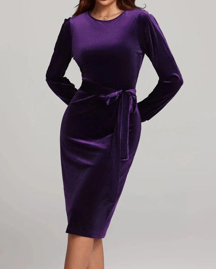 Round Neck Tie Waist Long Sleeve Velvet Dress - ShopEasier