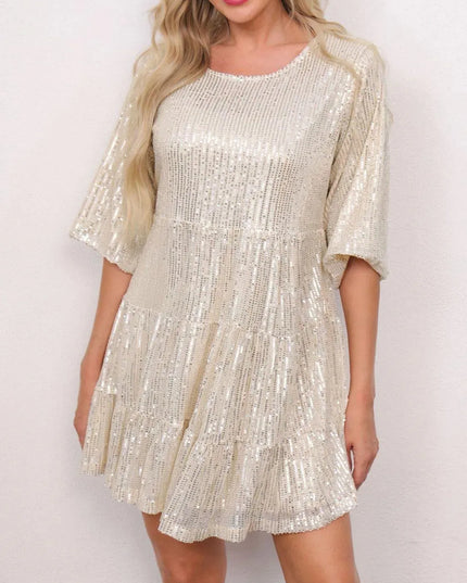 Sequin Round Neck Half Sleeve Mini Dress