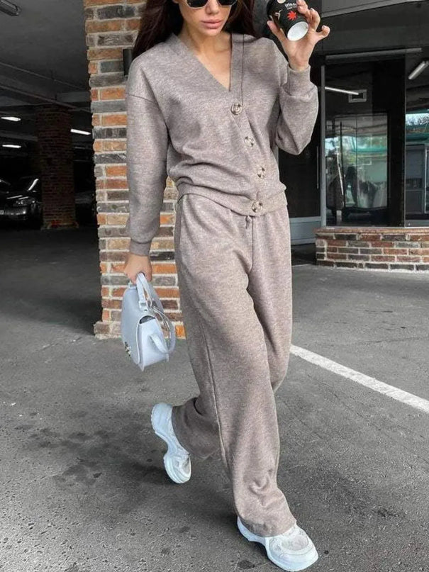 Chic Full-Length Button-Up Shirt and Trouser Ensemble