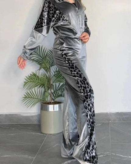 Full Size Collared Neck Leopard Zip Up Top and Pants Set Plus Size