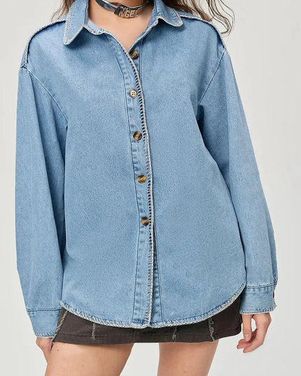 Button Up Collared Neck Denim Top - ShopEasier