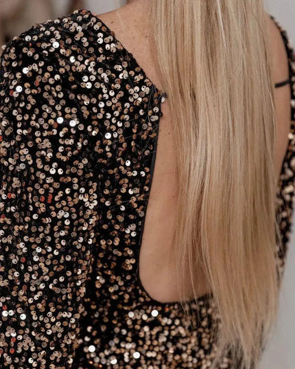 Backless Sequin Round Neck Long Sleeve Dress - ShopEasier