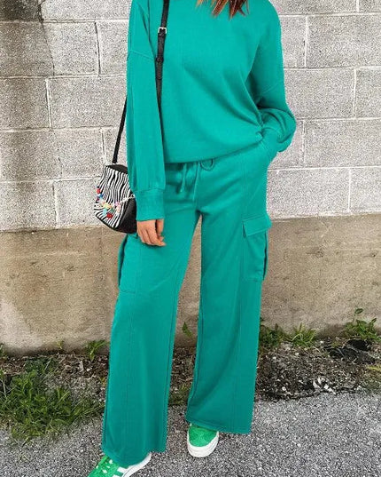 Full Size Round Neck Long Sleeve Top and Drawstring Pants Set - ShopEasier