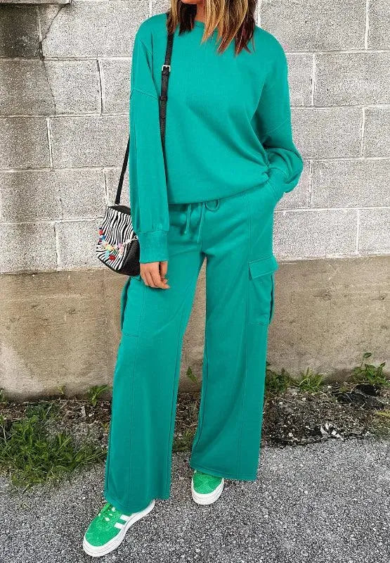 Full Size Round Neck Long Sleeve Top and Drawstring Pants Set - ShopEasier