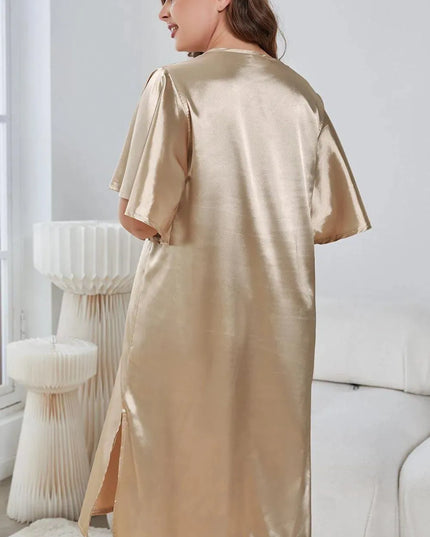 Plus Size Flutter Sleeve V-Neck Side Slit Night Gown