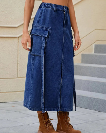 High-Waisted Denim Skirt with Slit Pockets