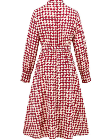 Tied Houndstooth Long Sleeve Midi Dress